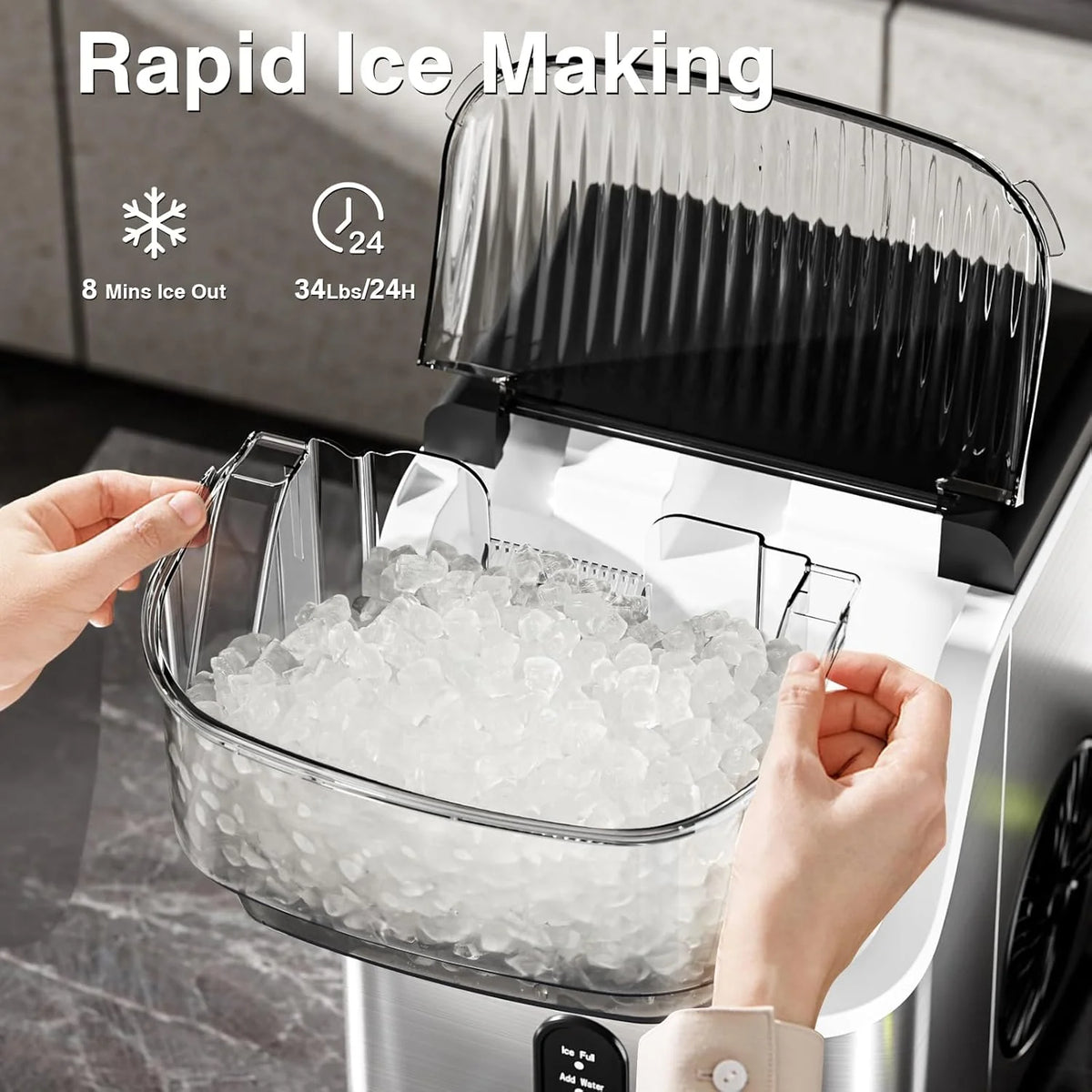 Nugget Ice Makers Countertop, Pebble Ice Machine with Chewable Pellet Ice, 34Lbs/24H, Self-Cleaning, Sonic Ice, One-Click Operation, for Kitchen,Office Stainless Steel Silver