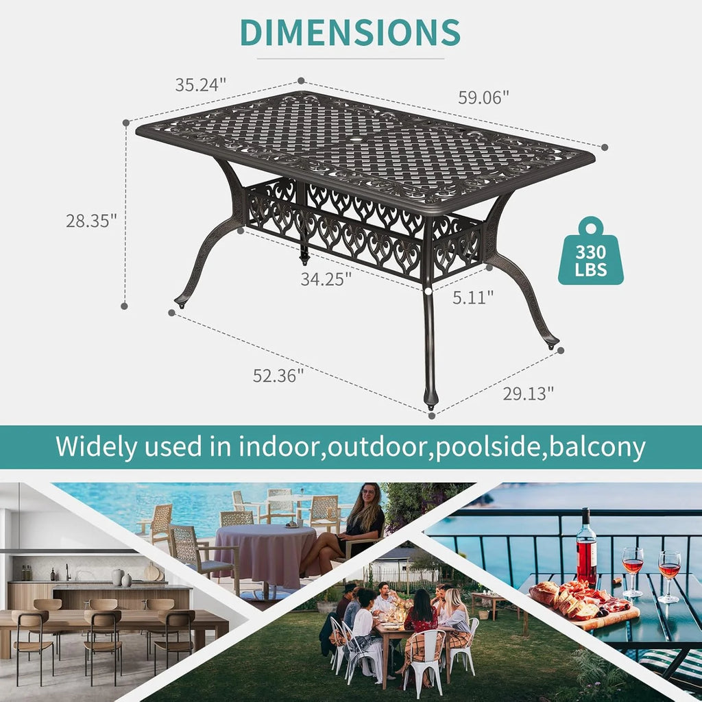 59.06" Cast Aluminum Outdoor Dining Table for 6 People, Rust-Resistant All-Weather Metal Patio Table with 2" Umbrella Hole, Heavy-Duty Garden Furniture for Deck, Backyard, Dark Bronze, Only Desk