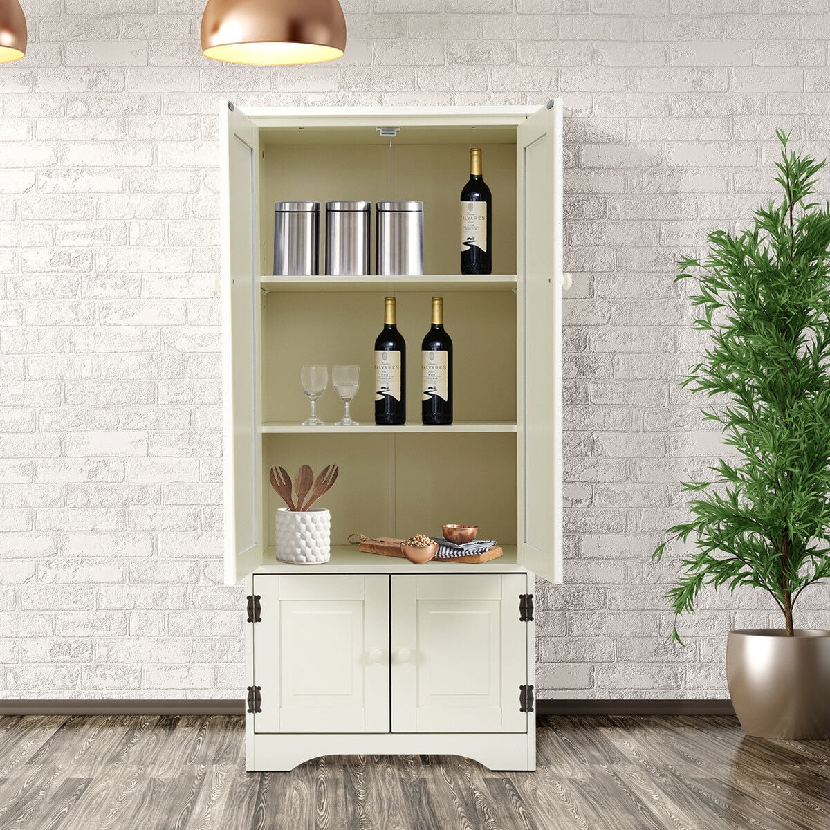 Costway Accent Storage Cabinet Adjustable Shelves Antique 2 Door Floor Cabinet Cream White