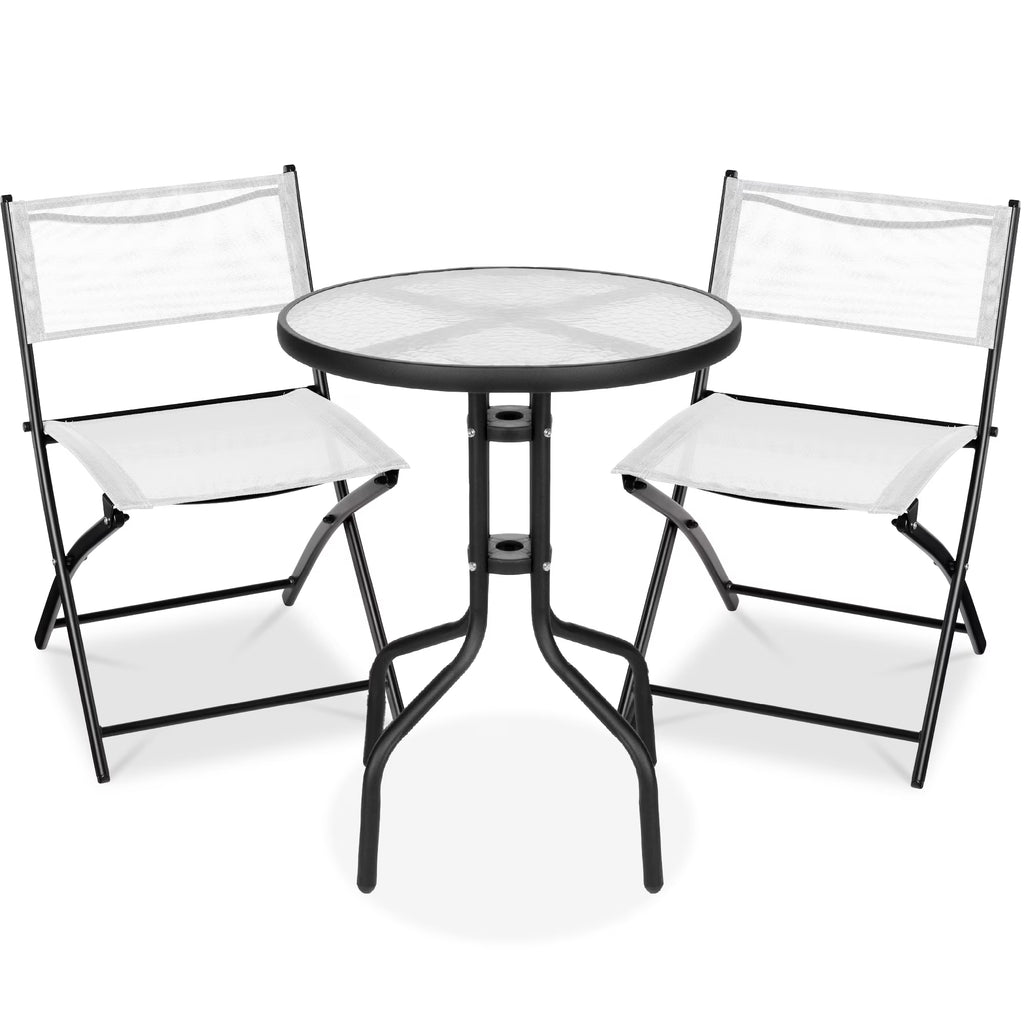Best Choice Products 3-Piece Patio Bistro Dining Furniture Set w/ Glass Tabletop, Folding Chairs - Gray