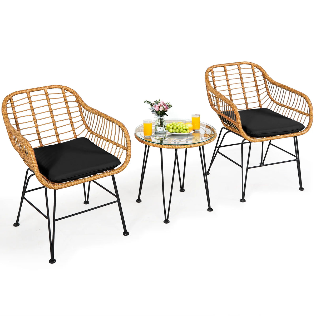 Costway 3PCS Patio Rattan Bistro Furniture Set Cushioned Chair Table Navy