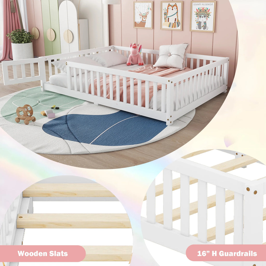 Bellemave Full Size Floor Bed with Door and Fence Floor Bed with Bed Slats Sturdy Wood Floor Bed Montessori Bed Frame (Full, Pink)