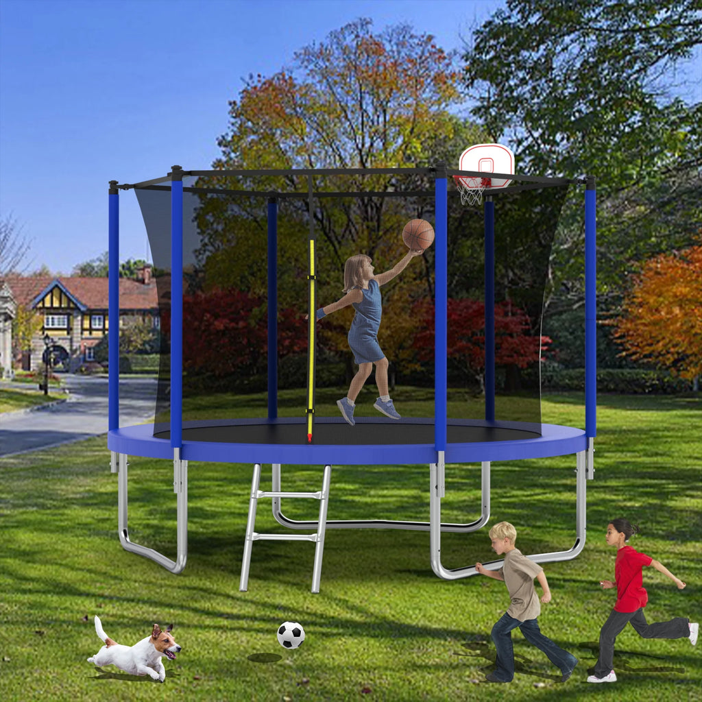 8FT Trampoline for Kids,Outdoor Trampoline with Basketball Hoop,Heavy-Duty Trampoline with Safety Enclosure Net,Blue