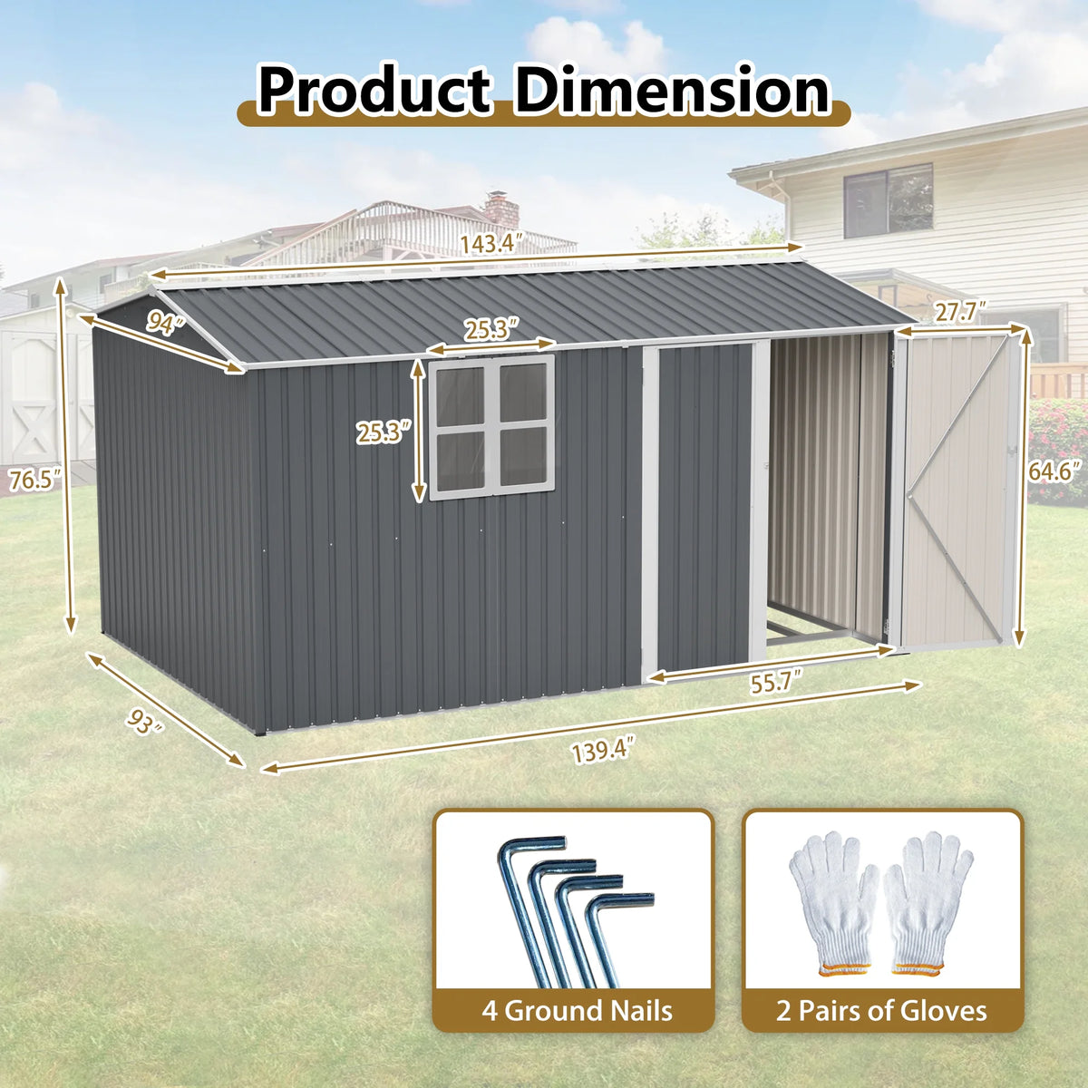 12x8 Ft Outdoor Storage Shed with Floor Frame, Metal Garden Tool Shed with Lockable Doors & Window, Ideal for Backyard Garden Patio Lawn, Grey