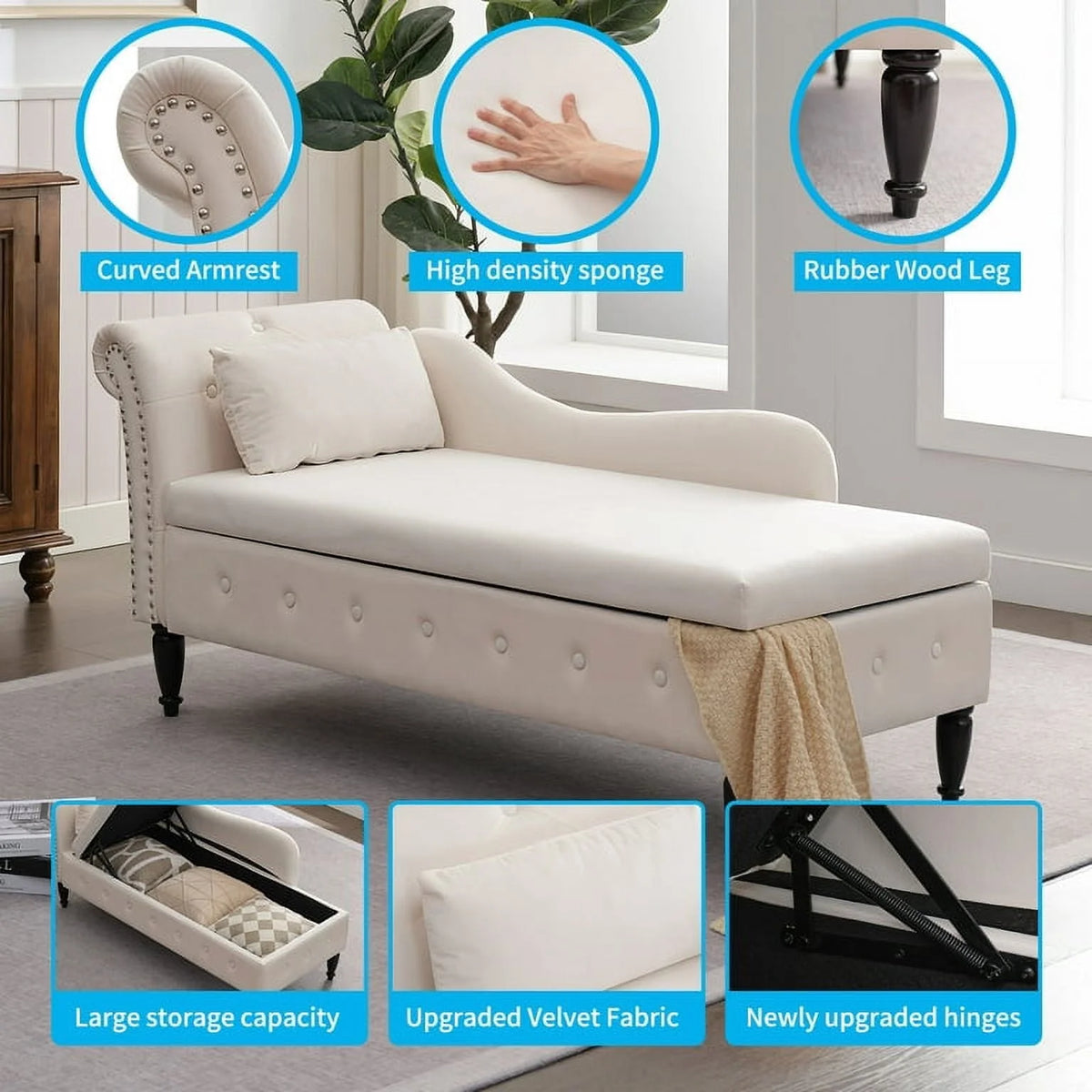 MUZZ Modern Velvet Chaise Lounge Indoor Chair,Tufted Long Lounge with Pillow for Living Room/Bedroom/Office（Beige)