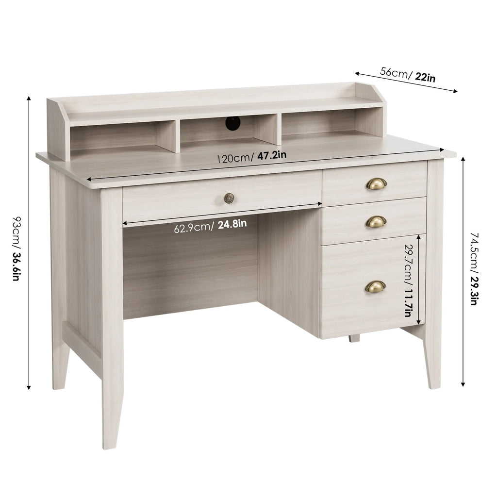 Homfa 47 in Computer Desk, Home Office Writing Table with 4 Drawers and Hutch Shelf, Sturdy Desk with Spacious Desktop, Oak White Finish