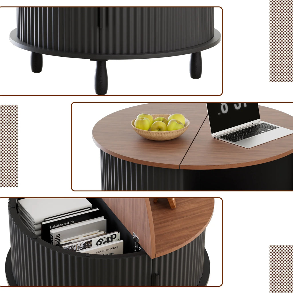 RUMLIVE Round Coffee Table with Storage, 30.7" Modern Coffee Table with 360 Curved Sliding Door, Fluted Wood Coffee Table with Footpads, Round Center Table for Living Room, Black