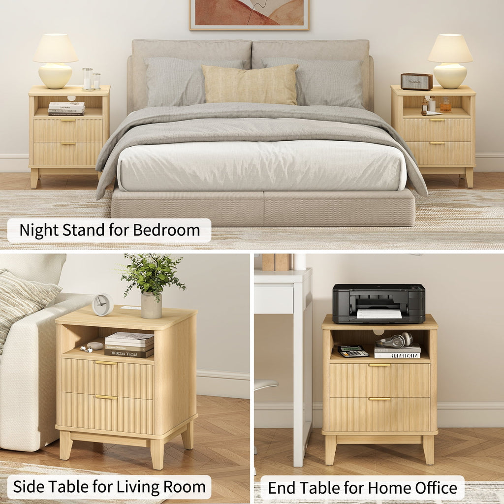 Night Stand with Charger Station, Fluted Nightstand with 2 Drawers and Storage Shelf, Mid Century Modern End Table for Bedroom Living Room,Natural