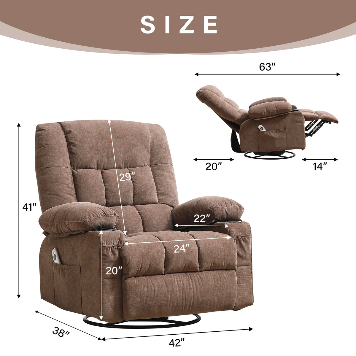 JONPONY Manual Recliner Chair with Heat Therapy and Massage Function, Heavy Duty Reclining Mechanism Massage Chair, Elderly Single Rocker Sofa with Cup Holders for Bedroom Home Theater,Blue