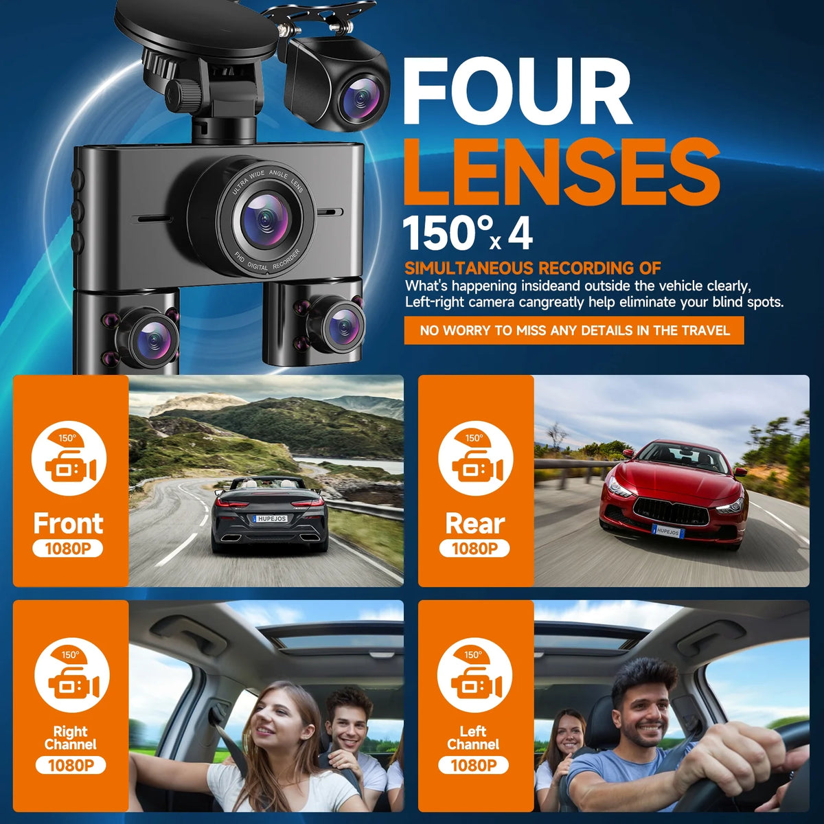 HUPEJOS Dash Cam 4 Channel, 360 Car Camera with 64GB Card, Voice Control, 2K/1080P Dashcam for Car Front and Rear Inside, IR Night Vision, WiFi & APP Supported, Parking Mode, 3.16" IPS Screen