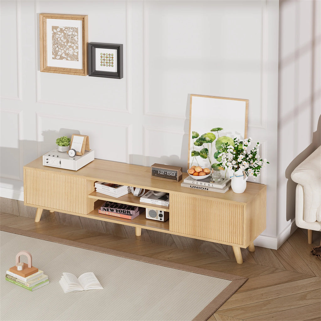 Planntonneo Mid-Century Modern Fluted TV Stand Wooden Media Console Entertainment Center for Living Room, Walnut Color