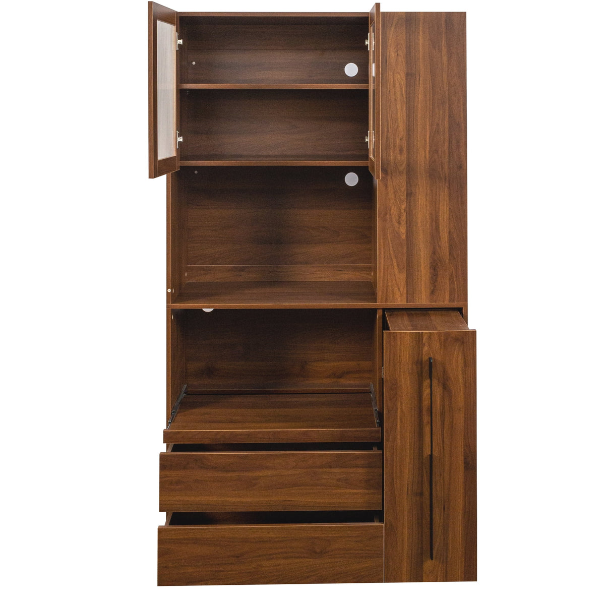 Kitchen Pantry Cabinet w/4-Tier Storage Cart, 2 Drawers & 2 Glass Doors, Tall Storage Cabinet w/Shelves