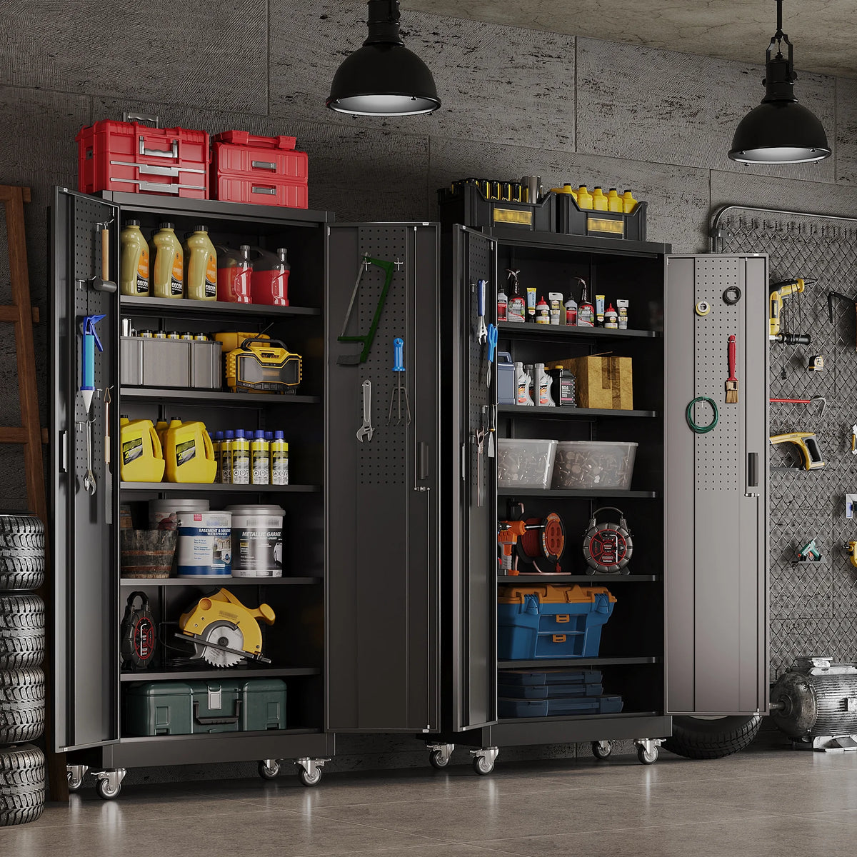 GangMei 71 Inches Tall Metal Garage Storage Cabinets with 5 Adjustable Shelves & Pegboards, Lockable Steel Black Storage Cabinet with Doors for Office, Home, School, Shops, Garage, Assembly required