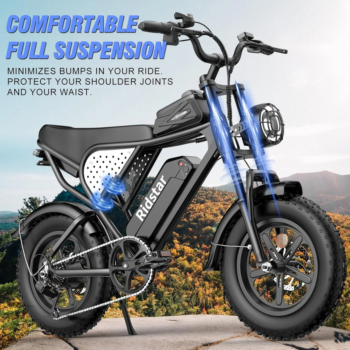 Ridstar Electric Bike for Adults Q20,1200W 30MPH,48V 15.6Ah Electric Bicycle,7 Speed Full Suspension Mountain Bike UL2849