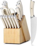Ivory Knife Block Set (15-PCS) High Carbon Stainless Steel, Built-in Sharpener, Forged Chef Blades