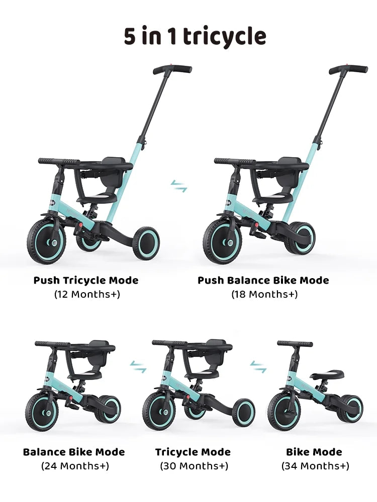newyoo TR008 5-in-1 Toddler Tricycle with Push Handle, Converts to Balance Bike for 1-3 Year Old, Khaki
