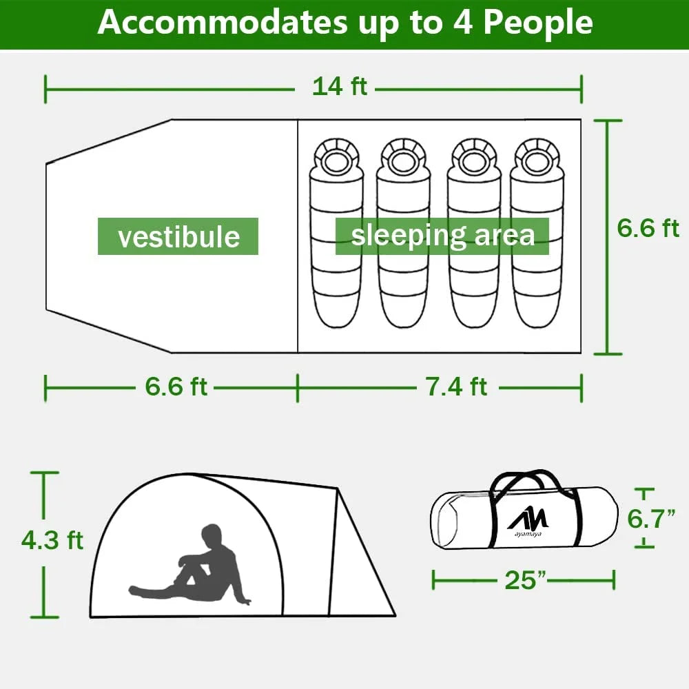 ASTRAEA 4 Person Tents for Camping, Waterproof Camping Tunnel Tent with 2 Divided Rooms for Bikepacking Motorcycle Travel Hiking Mountaineering, Green