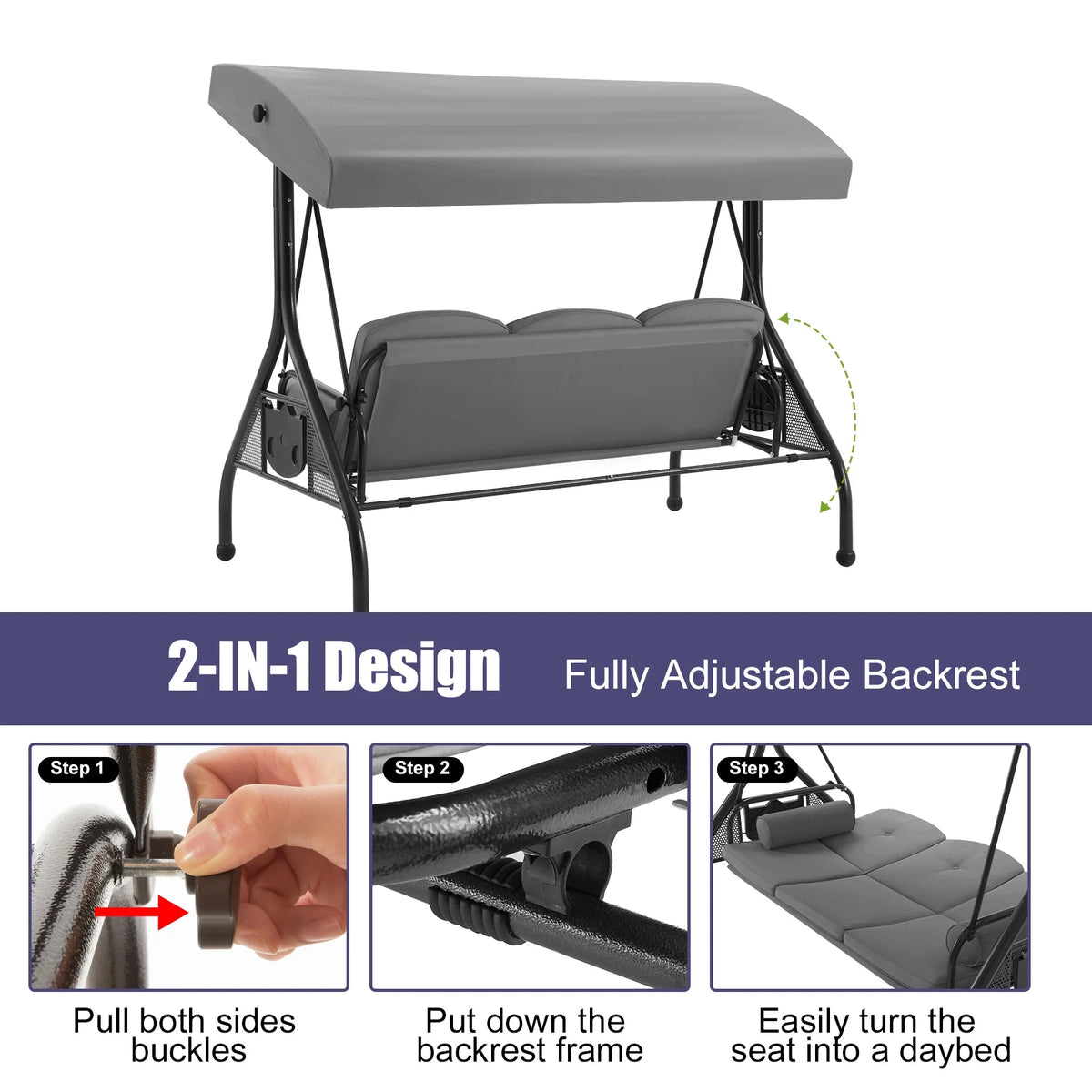 Homrest 3 Seat Outdoor Porch Swing with Adjustable Canopy, Cushions, and Cup Holder - Wine Red