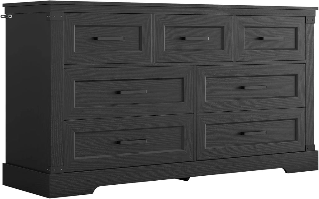 Aunfebrco Black Dresser for Bedroom Farmhouse 7 Drawers Dresser & Chest of Drawers with Thick Styling, Large Clothing Storage Organizer for Living Room