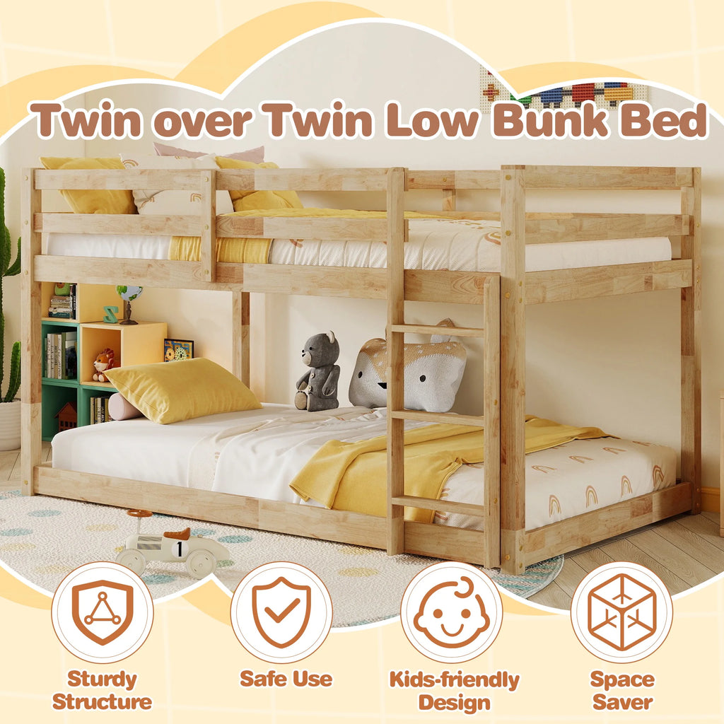 SESSLIFE Bunk Bed Twin Over Twin, Low Floor Bunk Bed with Guard Rails for Dorm, Small Space, No Box Spring Needed(White)