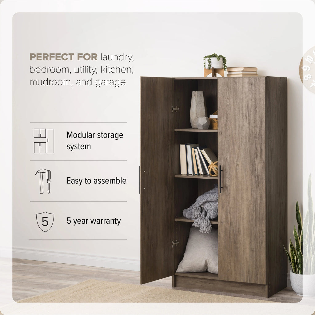 Prepac Adjustable Shelves Cabinet - Functional Tall Garage Table, 16"D x 32"W x 65"H Freestanding Garage Cabinet with 2-Doors, Light Gray - GES-3264