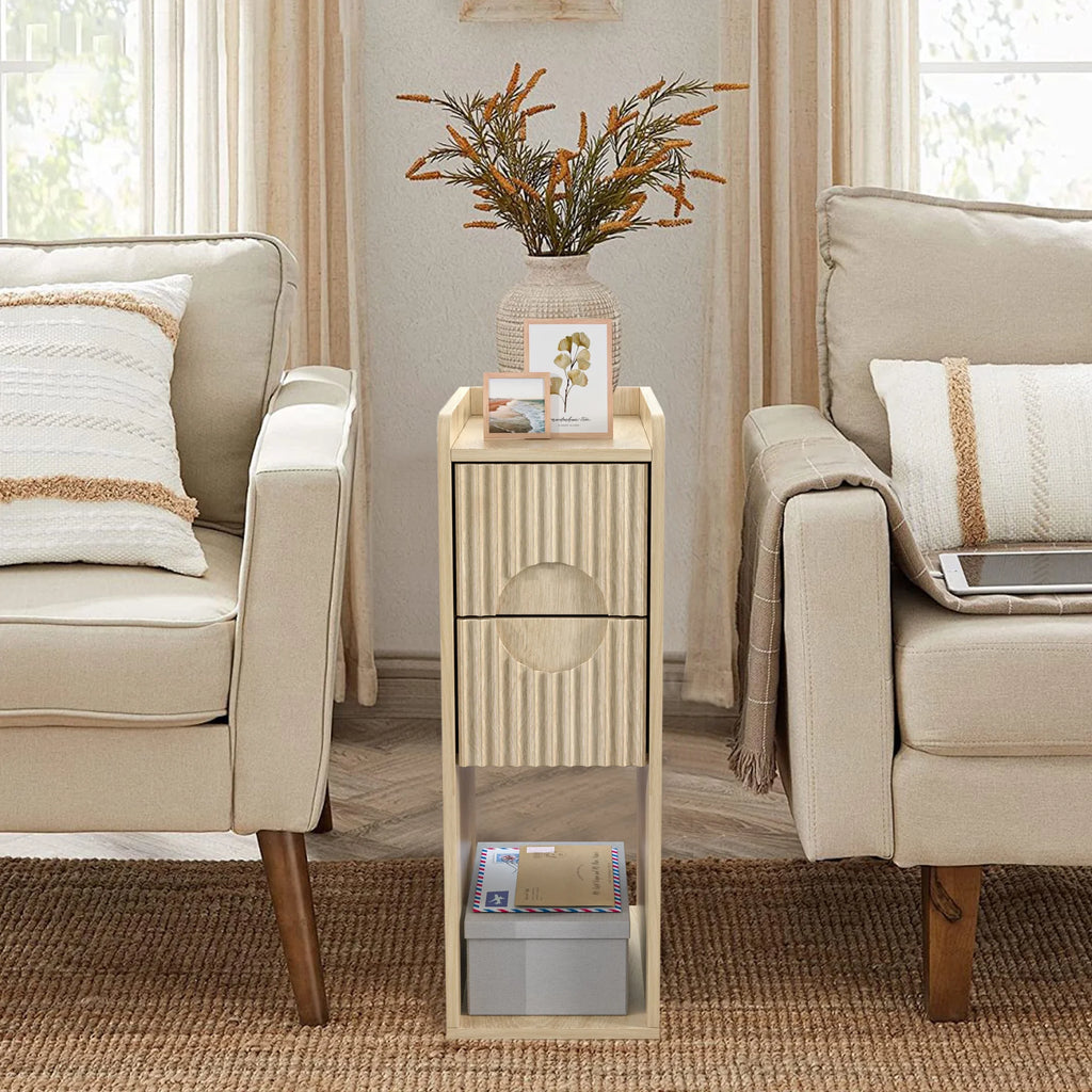Narrow Nightstand Set of 2 with Drawers, Fluted Slim Side End Table with Storage for Small Spaces