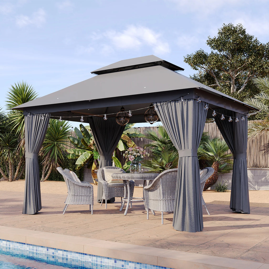 Sunmthink Outdoor Gazebo for Patio 10x12, Metal Frame Canopy with Double Roofs, Heavy Duty Party Tent and Shelter with Mosquito Netting and Privacy Screen for Backyard,Garden,Deck (Gray)