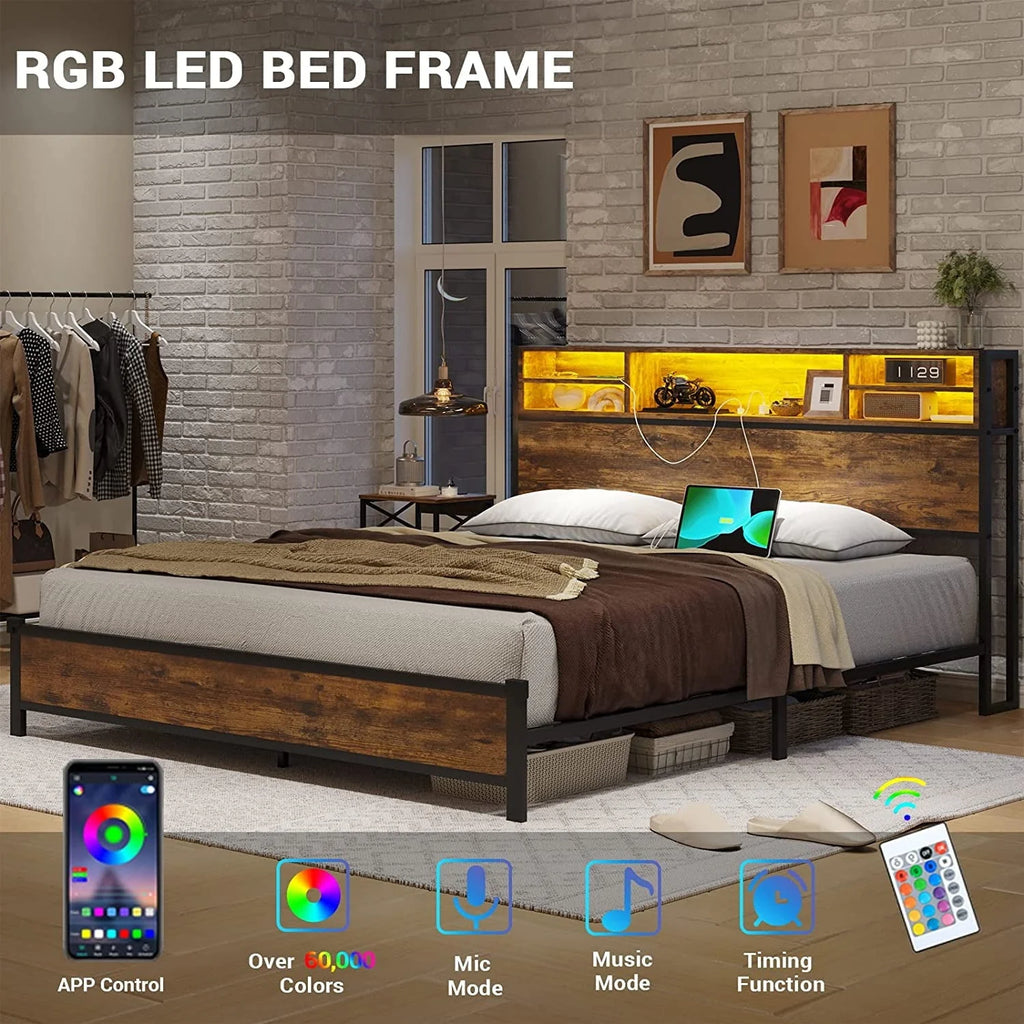 Full LED Bed Frame with Charging Station and Storage Headboard,Full Size Metal Platform Bed with LED Lights, Rustic Brown