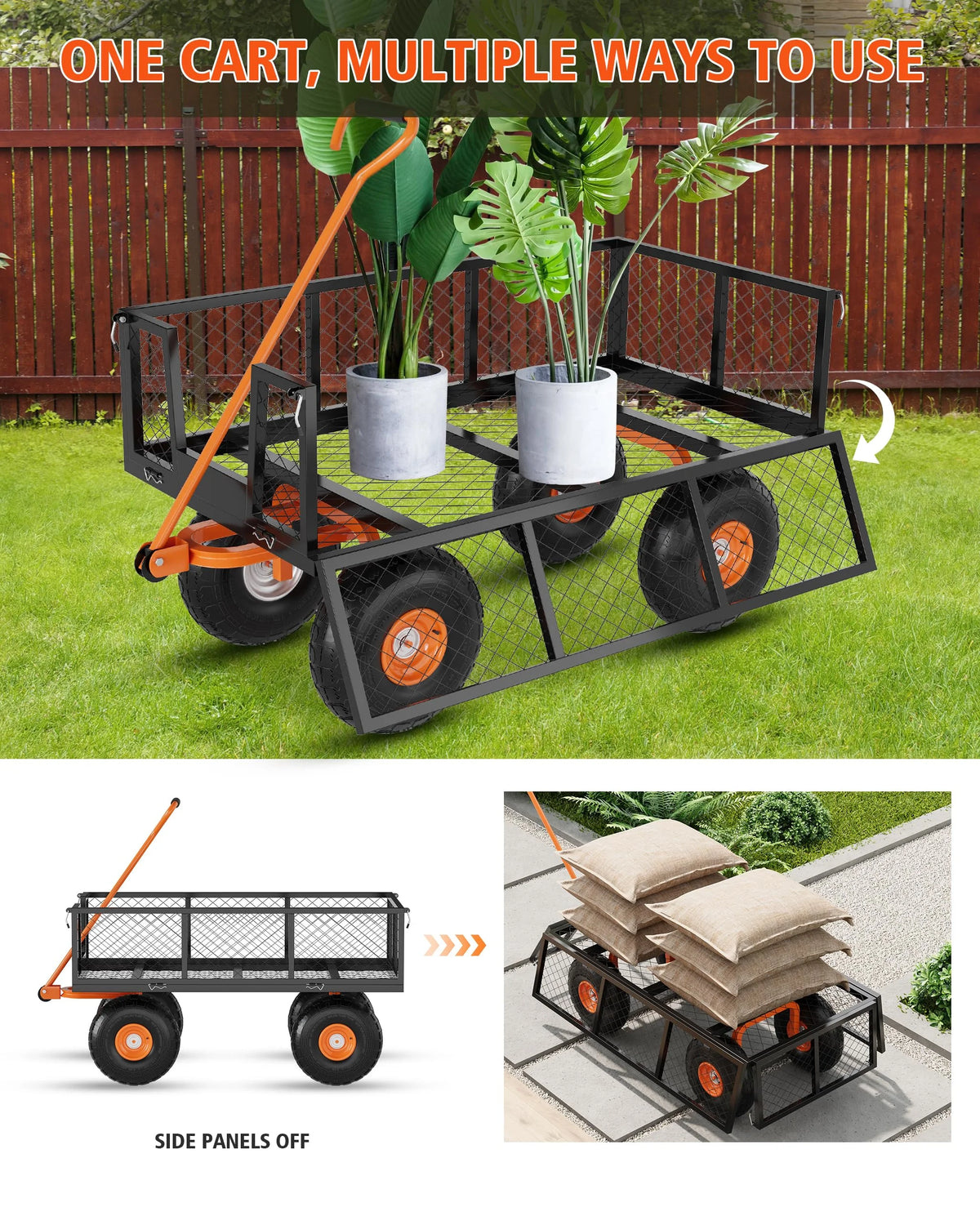Heavy Duty Steel Garden Cart, Garden Wagon Cart on Wheels, Outdoor Metal Yard Utility Wagon Carts  w/Adjustable Handle & Removable Sides(Convert to Flatbed)