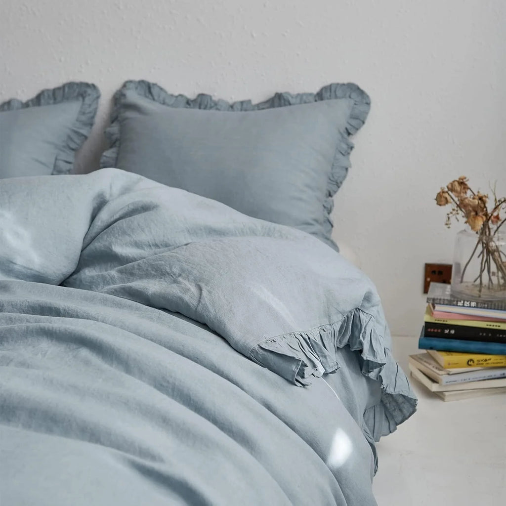 Simple&Opulence 100% Washed Linen Duvet Cover Set-3 Pieces Shabby Chic Premium Ruffled Bedding with 1 Comforter Cover and 2 Pillowshams France Flax High End Frill Sets Vintage Style(King, White)