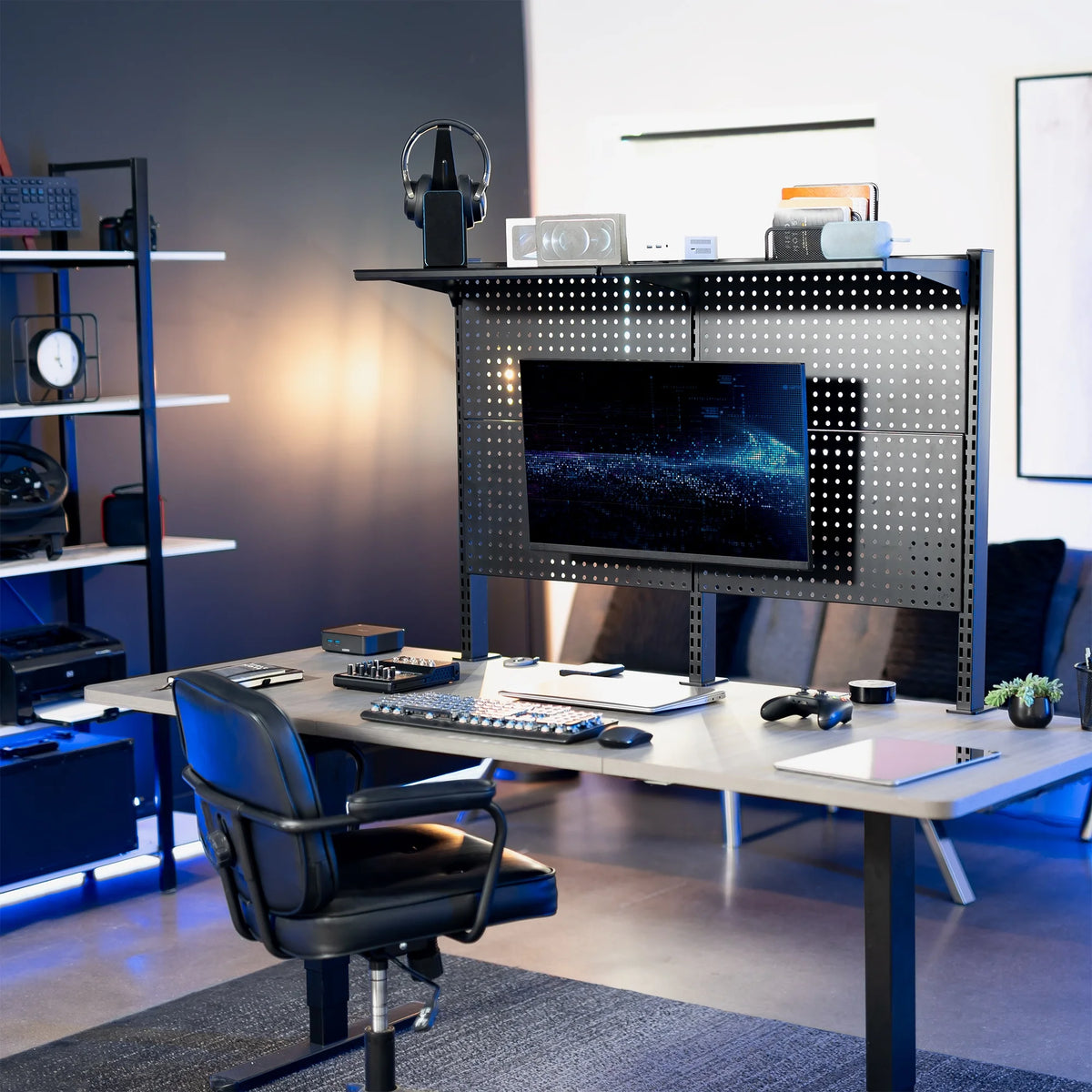 VIVO Black Steel Clamp-on 47" Pegboard with Monitor Mounts & Overhead Shelf