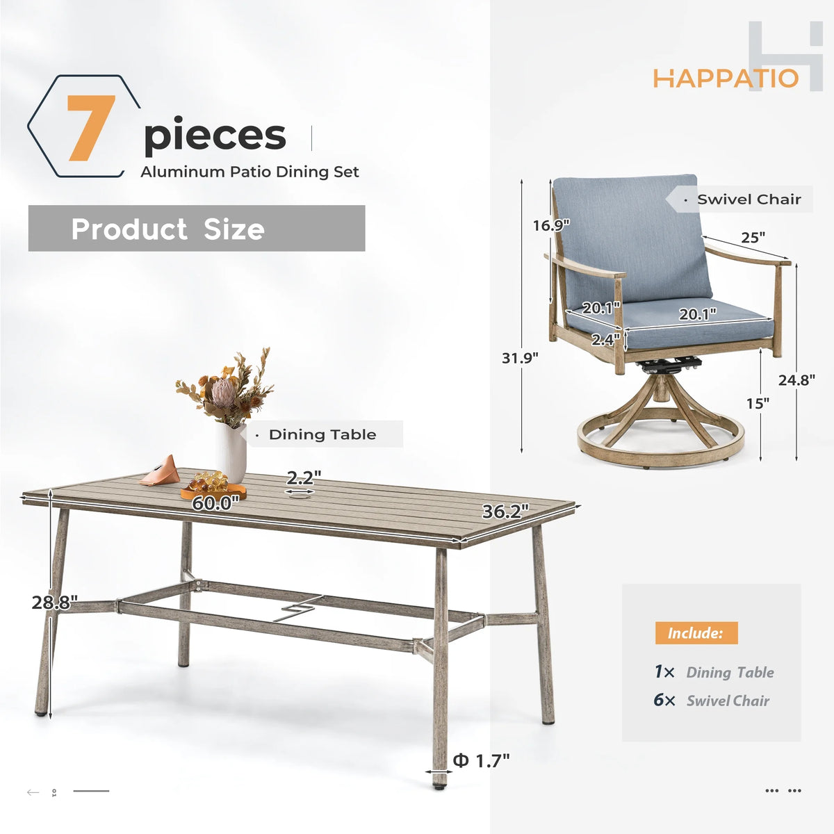 HAPPATIO 7-Piece Outdoor Dining Set for 6, Aluminum Patio Dining Set Includes 6 Dining Chairs and 1 Large Rectangular Table with Umbrella Hole, Patio Furniture Set for Lawn, Porch, Backyard, Grey