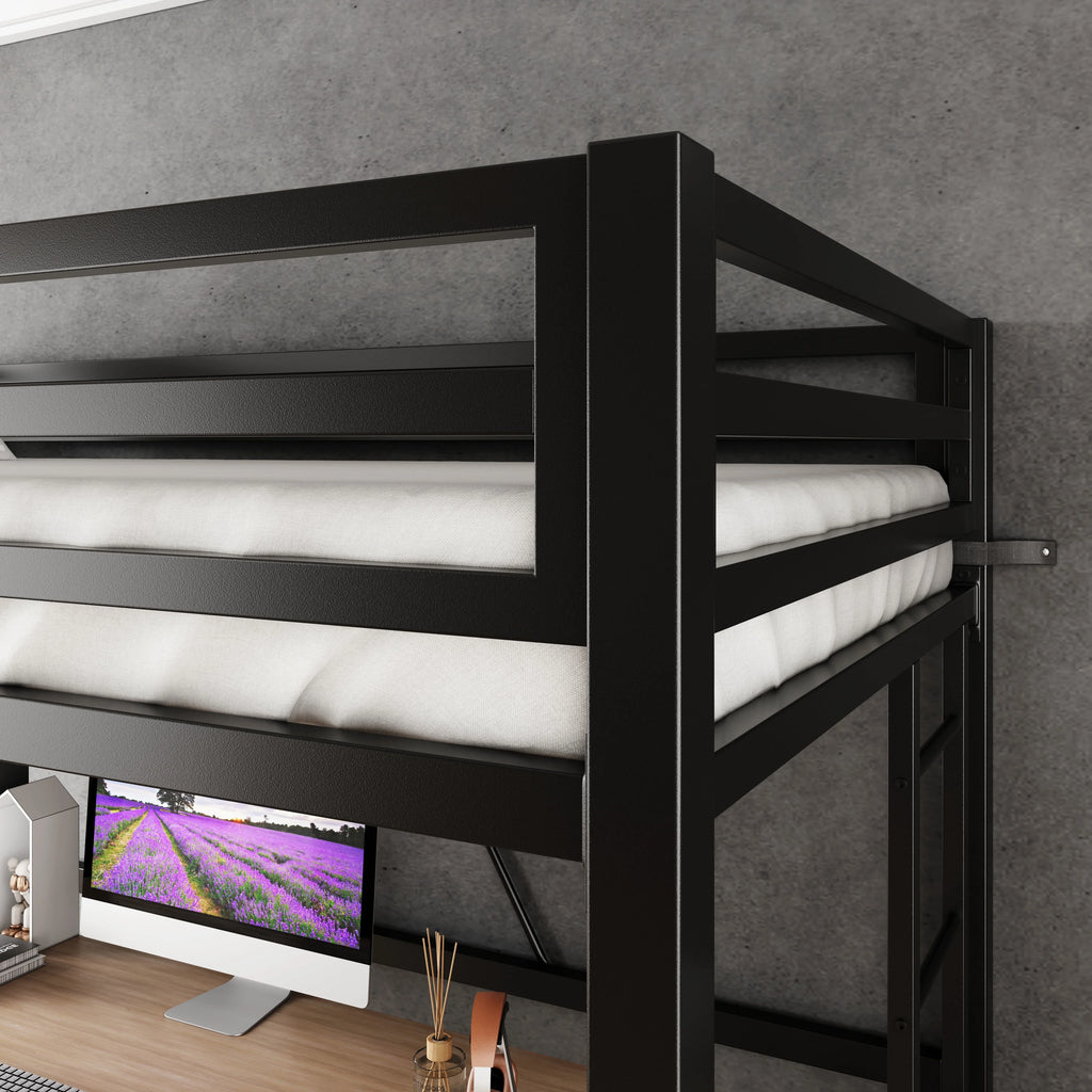 Amolife Twin Size Heavy Duty Metal Loft Bed with Removable Ladder & Full-Length Guardrail, Black