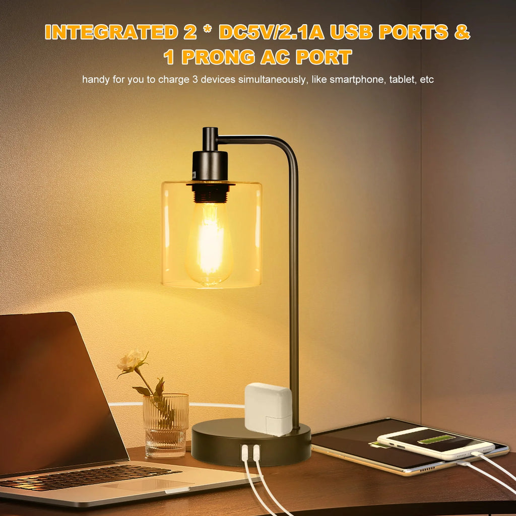 Neoglint Set of 2 Industrial Table Lamps, Black Touch Control 3-Way Dimmable, 2 USB Ports & AC Outlet Bedside Nightstand Lamps