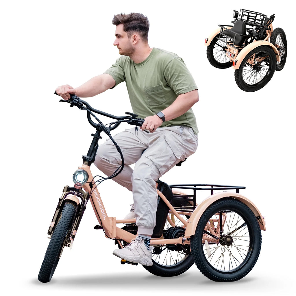 MOONCOOL TK1 Folding Electric Tricycle for Adults,48V 14.5Ah Removable battery, 500W Peak 1000w Motor, 20" Fat Tire Step-Thru 3Wheel Electric Bicycle w/Front&Rear Baskets, Certified to UL 2849 by SGS