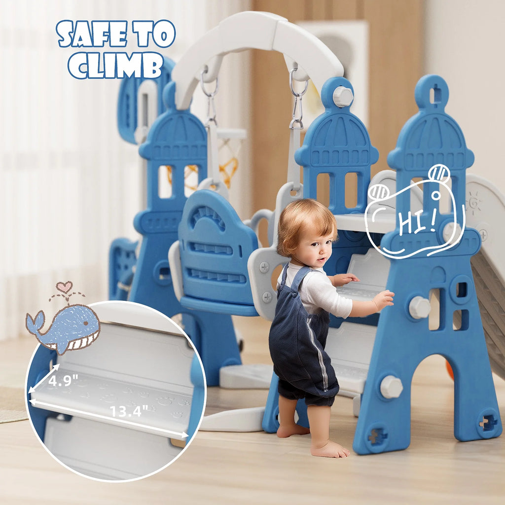 KORIMEFA 6-in-1 Kids Slide and Swing Set - Perfect for Toddlers 1-6 Years - Indoor and Outdoor Playground Slide, Swing, Basketball Hoop, and Climber Toy