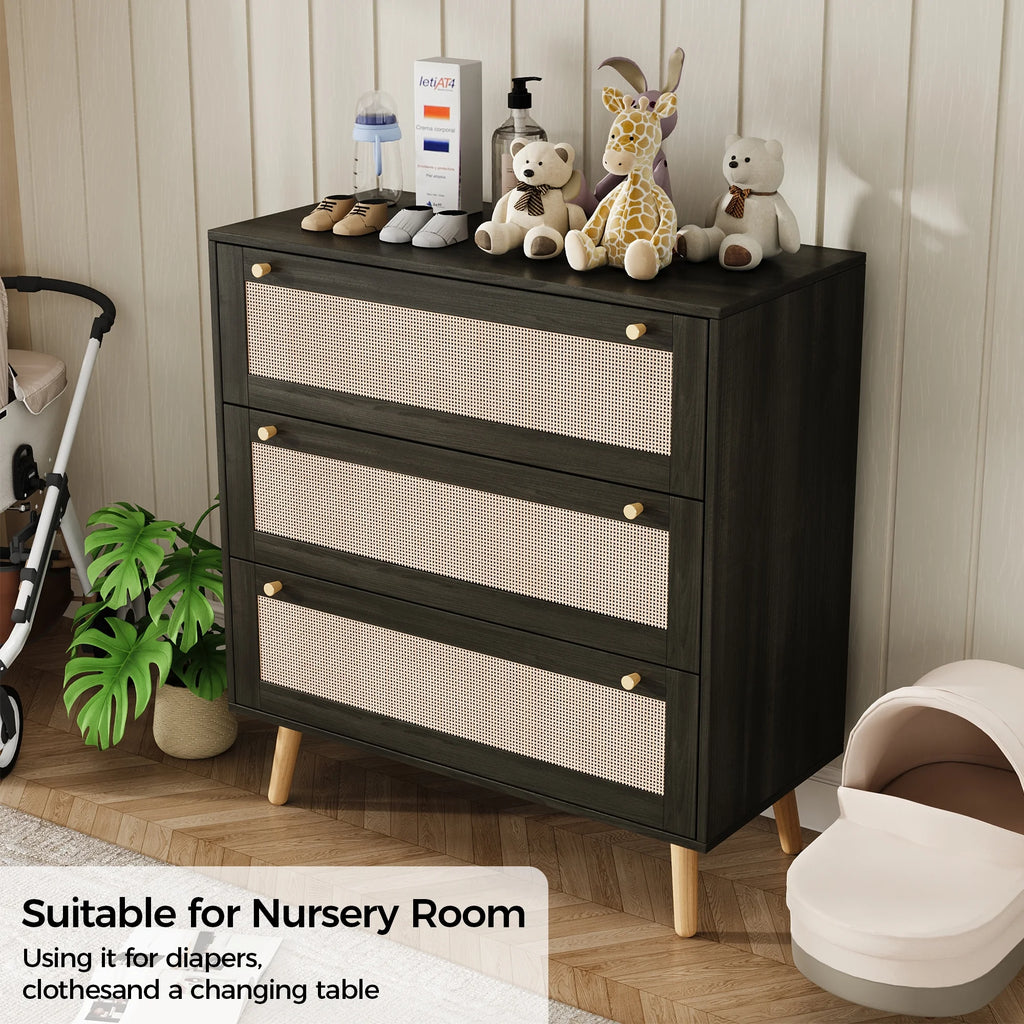 Farmhouse Rattan Dresser with 3 Drawers - Wooden Storage Chest for Bedroom, Living Room & Hallway, Vintage Style Organizer