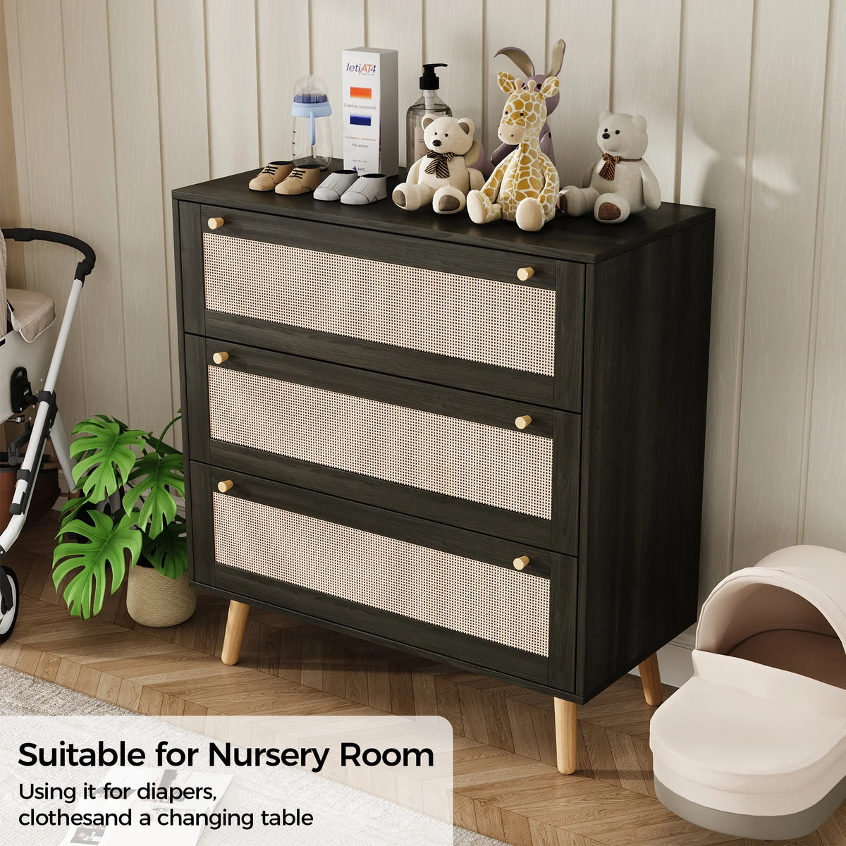 Farmhouse Rattan Dresser with 3 Drawers - Wooden Storage Chest for Bedroom, Living Room & Hallway, Vintage Style Organizer