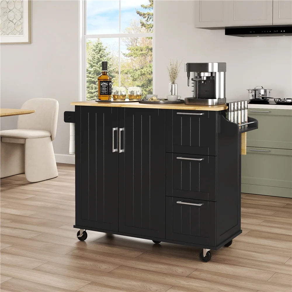 Renwick Rolling Kitchen Cart with Cabinets and Drawers, White