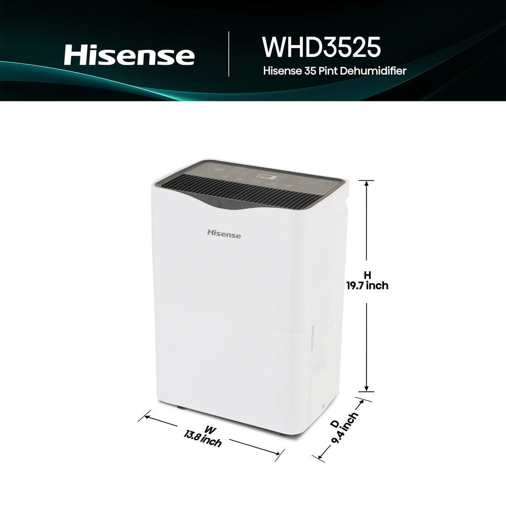 Hisense 35 Pint Dehumidifier 3,000 Sq. Ft for Multi-Scenario Use, Energy Star Certified, Easy Carry Handle, Low Noise Operation, Hassle-Free Water Removal, White (WHD3525)