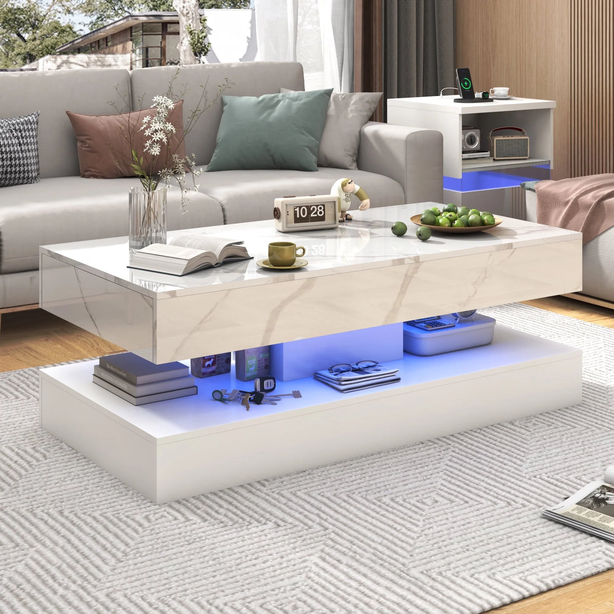 ChVans Large Black LED Coffee Table with 2 Storage Drawers, Modern High Gloss Coffee Table w/20 Colors LED Lights/APP Control, 2 Tiers Rectangle Large Living Room Furniture w/Marbling Print(47.3")