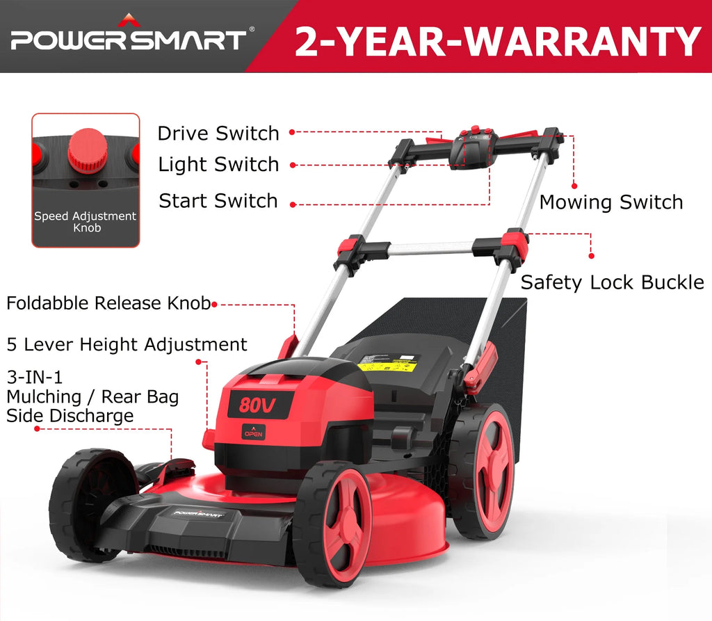PowerSmart 80V 22-inch Self-Propelled Cordless Lawn Mower with 6.0Ah Battery and Charger