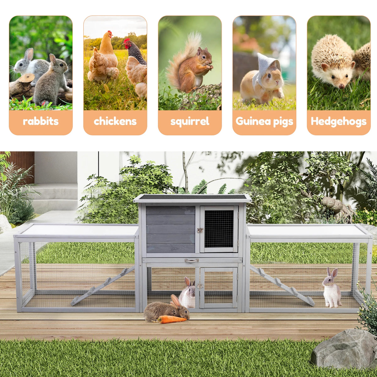 COZIWOW 94'' Wooden Large Rabbit Hutch with Pull Guinea Pig House Chincken Coop Gray