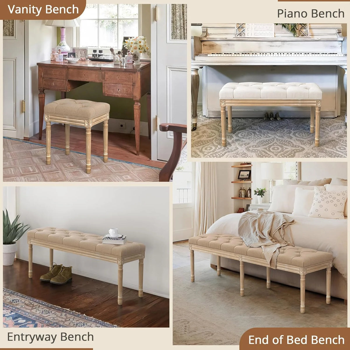 Dycanpo 44'' End of Bed Bench, Vintage Upholstered Bench for Entryway, Wheat
