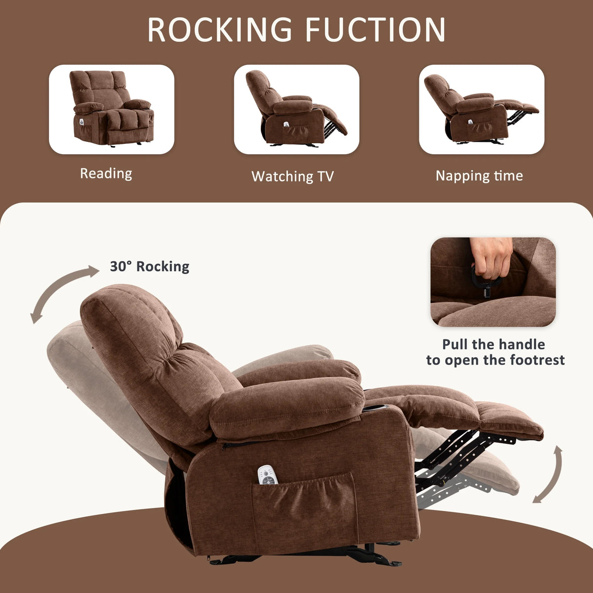 JONPONY Manual Recliner Chair with Heat Therapy and Massage Function, Heavy Duty Reclining Mechanism Massage Chair, Elderly Single Rocker Sofa with Cup Holders for Bedroom Home Theater,Grey