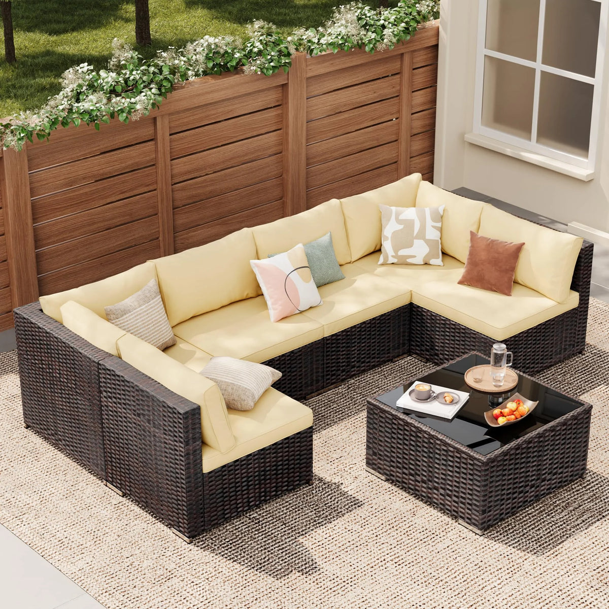 Patio Furniture Set, Lofka 7 Piece Outdoor Sectional Furniture Chair Set with Cushions and Coffee Table, Gray