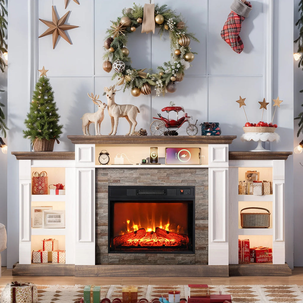 Holliwill 72" TV Stand for TVs up to 80" with Charging Station & LED Light, Electric Fireplace with Mantel, Entertainment Center with 23" Electric Heater, White Brown