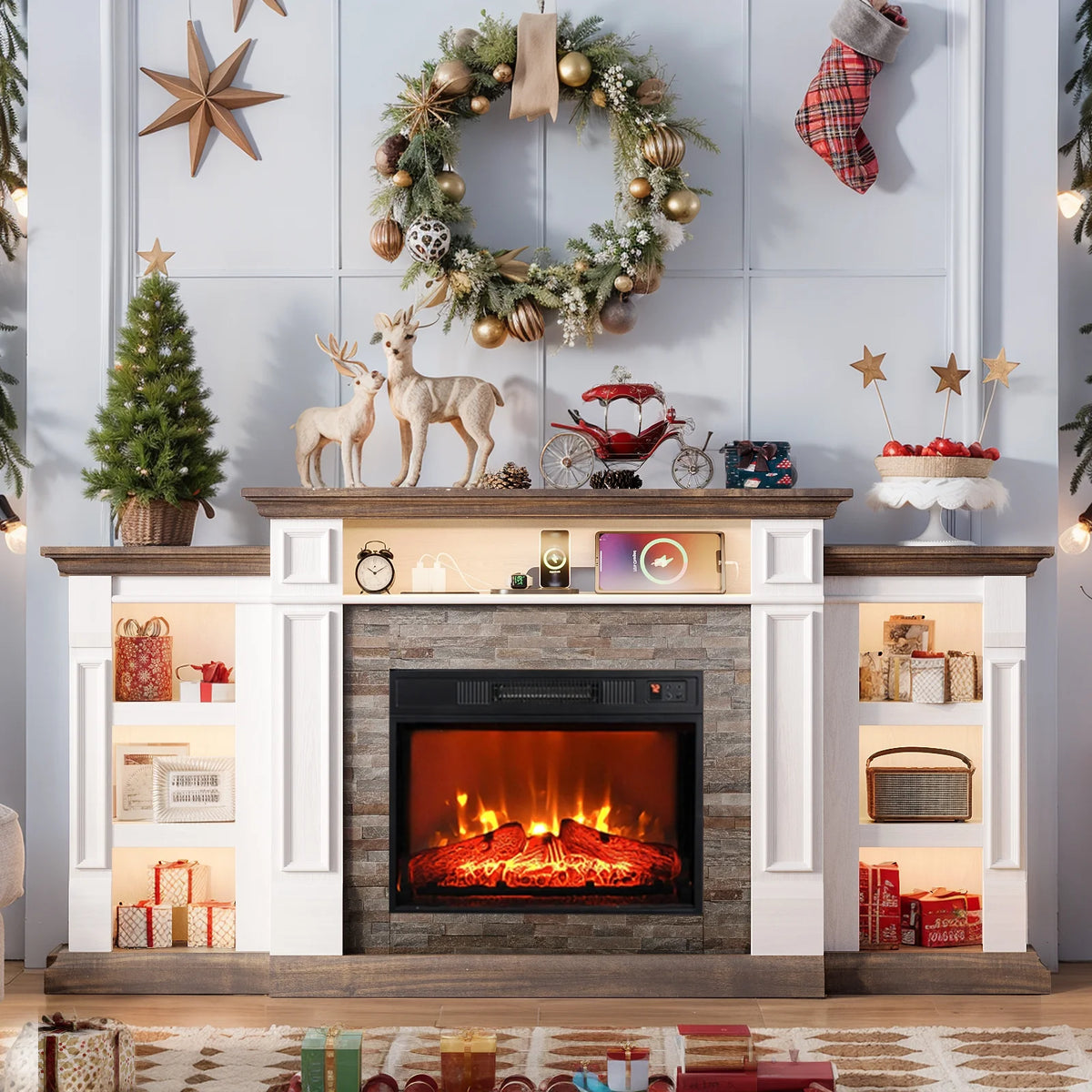 Holliwill 72" TV Stand for TVs up to 80" with Charging Station & LED Light, Electric Fireplace with Mantel, Entertainment Center with 23" Electric Heater, White Brown