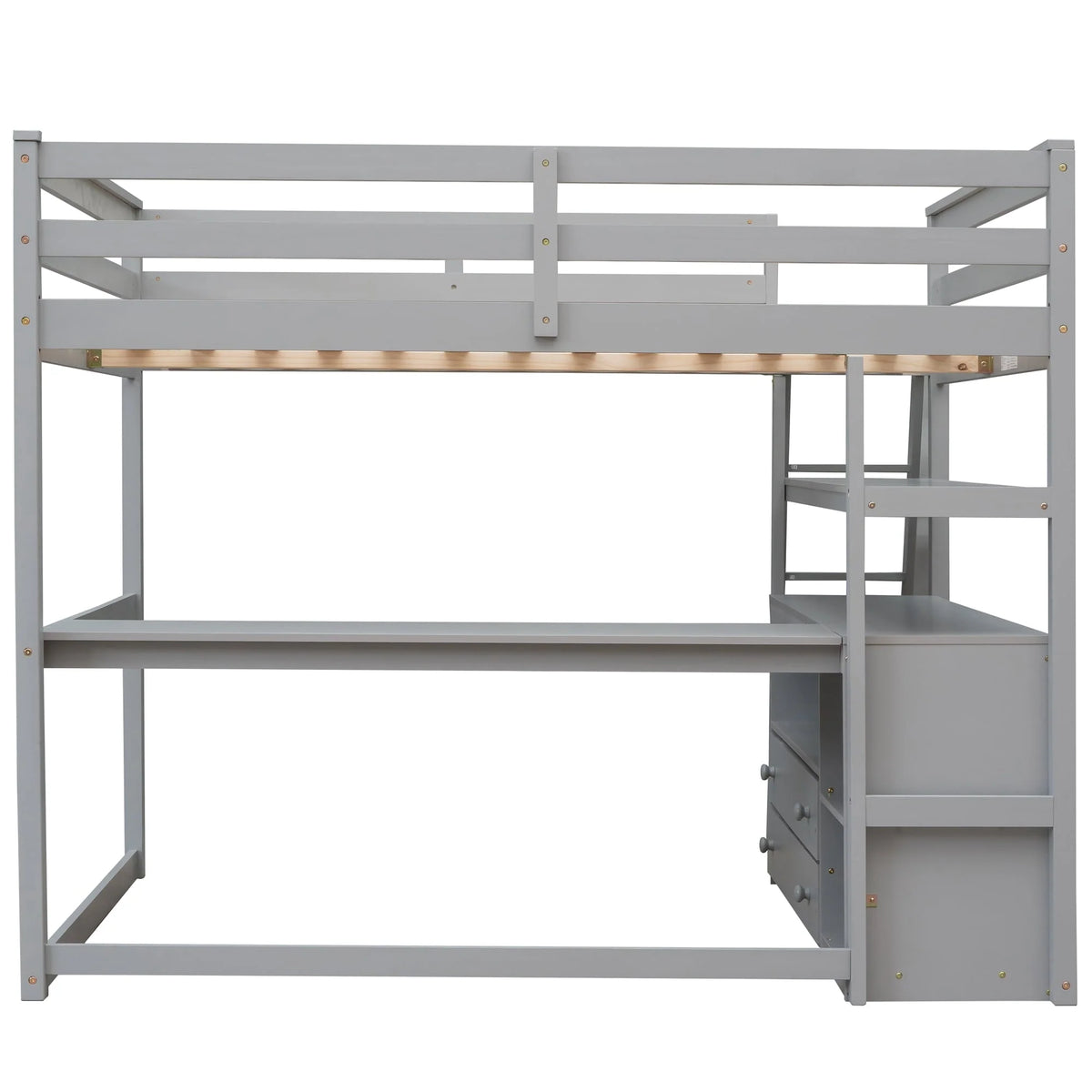 Euroco Full Size Wood Loft Bed with Desk, Shelves and Cabinets for Kids Room, Incline Ladder and 3 Drawers, Gray