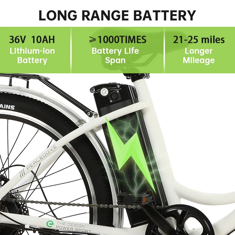26 Inch 36V 10AH 350W City Bike Electric Bicycle e-bike White with Basket 7 Speed Step Through Commuter for Women Girls